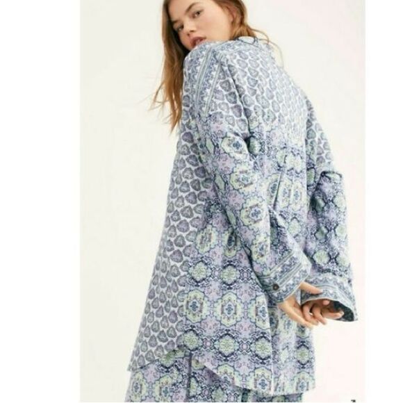 Free People Happy Holibabe Printed Long Sleeve Sleepshirt in Indigo Combo size M - Picture 4 of 16